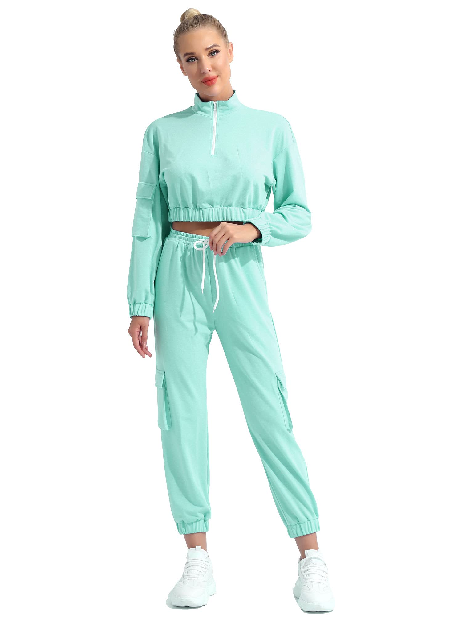 Mufeng Lady Workout Tracksuit Set Stand Collar Long Sleeve Zip Up Crop Top Long Pants Trousers Activewear Set