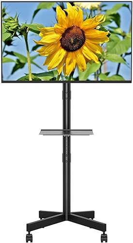 Miniatura 2 de Soporte de TV móvil con ruedas, altura ajustable inclinable, soporte de TV con estante multimedia para televisores LED, LCD, OLED planos y curvos de