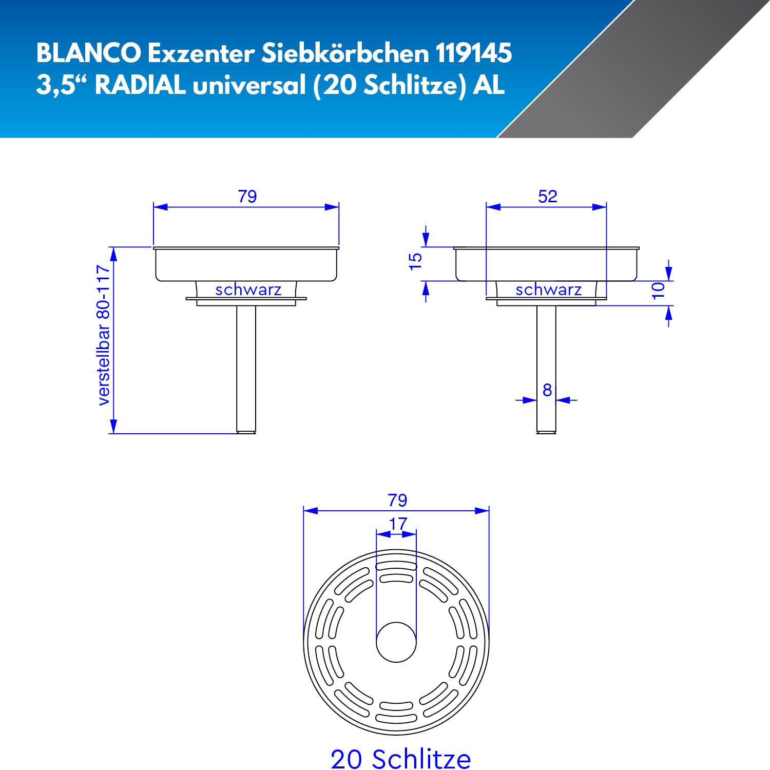 BLANCO Kosz sitkowy 3,5" | do obsługi odpływu | Ø = 79 mm uniwersalny (20 szczelin) AL | RADIAL