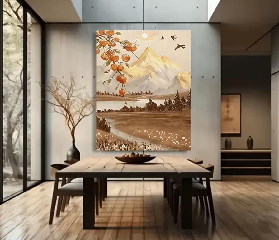 HFEWQM Leinwanddruck Gemälde Herbstliche verschneite Berge Kakis Schwalben Wandkunst für Wohnzimmer Büro Dekoration (70x100cm/Rahmenlos)