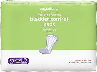 Amazon Basics Incontinence Pads for Women, Bladder Control, Postpartum, Overnight Absorbency, Unscented, 30 Count