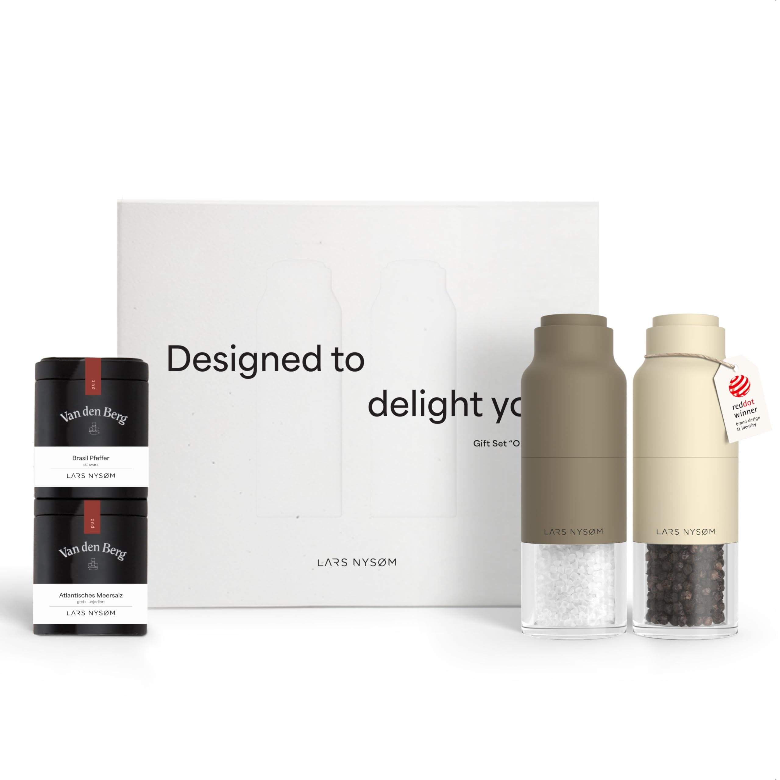 LARS NYSØM Salt and Pepper Grinder Gift Set - Bottle Design Mills with 2 Premium Spice Tins - Elegant Kitchen Gift Box for Food Lovers (Brown/Beige)