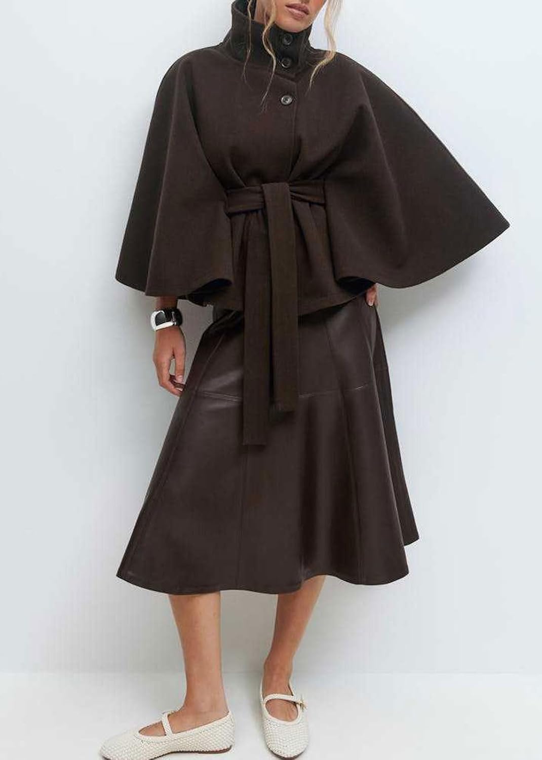 CHARTOU Women Batwing Sleeve Ponchos Pea Coat Wool Stand Collar Belt Capes Jacket Winter Cropped Overcoat - Image 3