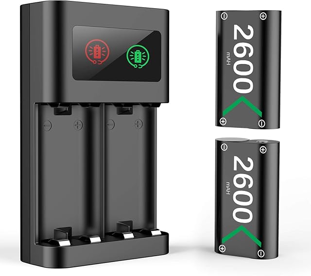 Controller Battery Pack for Xbox One Series X S, Controller Charger Charging Station Dock with 2x2600mAh Rechargeable Batteries Accessories for Xbox One/Xbox One S/Xbox One X/Elite/Xbox Series X S