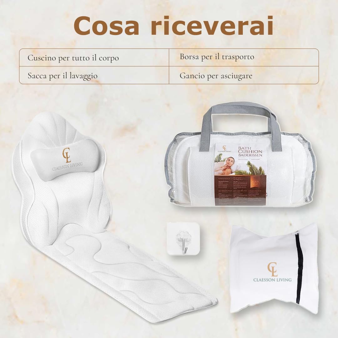 Cuscino Vasca da Bagno per Tutto il Corpo (126x41cm) – Cuscino Bagno con ventose e Poggiatesta (13cm); Supporta Collo, Schiena e Gambe – Incl. borse Lavaggio/Viaggio e Gancio Asciugatura – Bianco