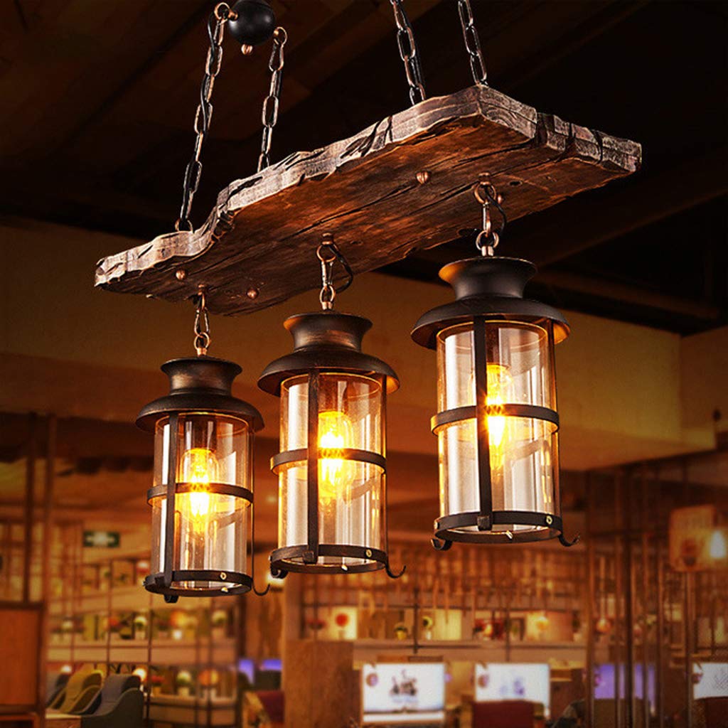 Hanging Lamp E27 Vintage Pendant Lamp Iron Wood Chandelier Glass Lampshade Rustic Living Room Dining Room Cafe Hotel Hall Cellar Basement Height Adjustable Decoration Ceiling Lamp,3 Heads