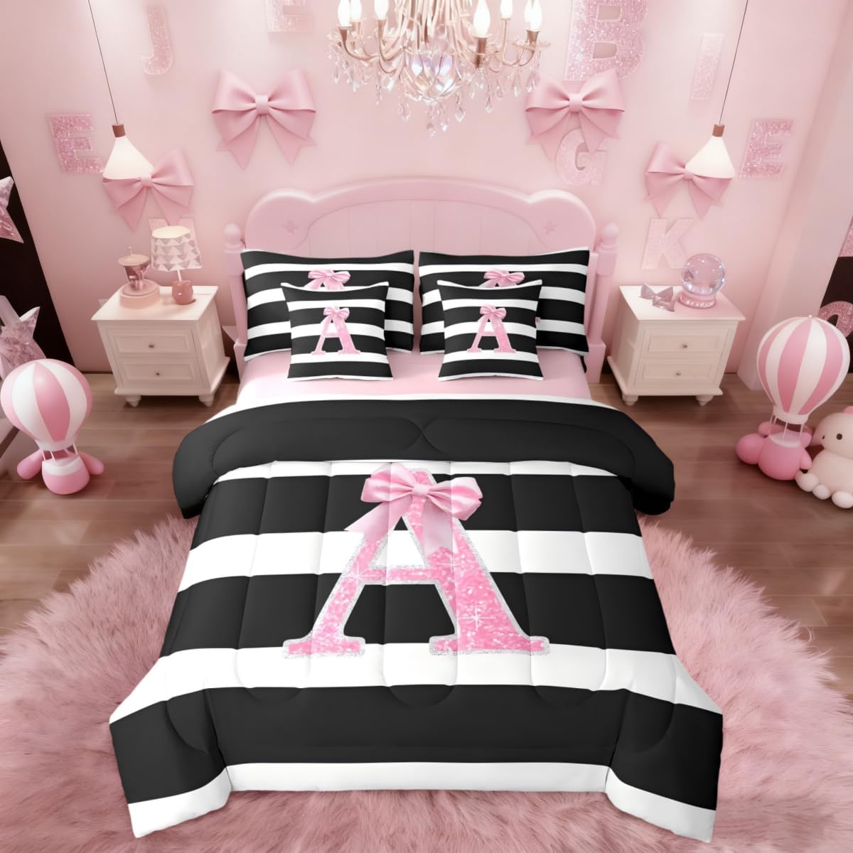 Erosebridal Monogram Letter A Queen Comforter Set for Kids Pink Bow Initial Letter 7 Piece Bedding Set Black White Stripes Bed in A Bag for Girls Teens Women Bedroom Kawaii Bowknot Bed Sets