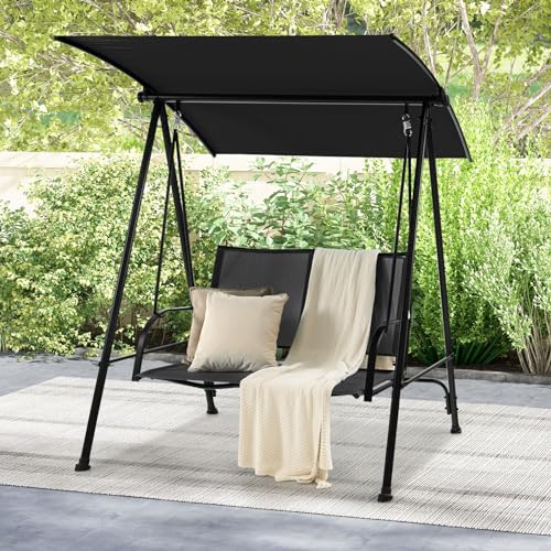 Image of HAPPYGRILL 2-Person Outdoor Swing with Canopy, Patio Porch Swing Chair with Heavy-Duty Metal Frame, Breathable Seat Fabric, Patio Loveseat Swing for Backyard, Balcony, Poolside