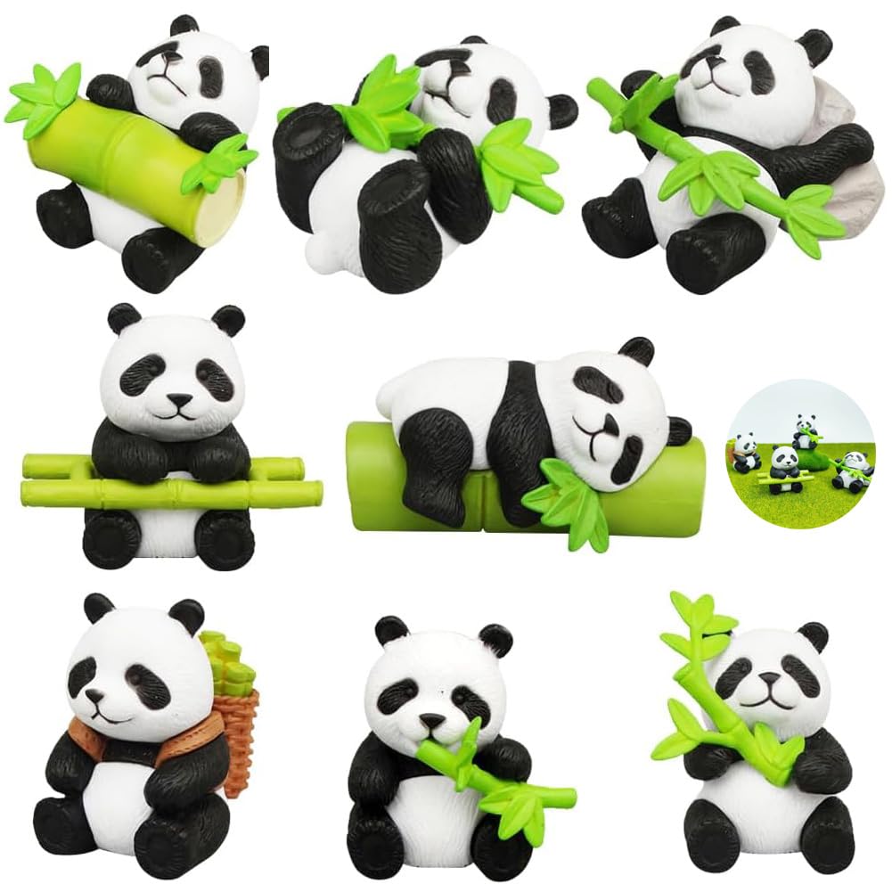 CLKE Lot De 8 Figurines Mini Panda Avec Stickers Invisibles - Décoration Gâteau, Voiture, Intérieur
