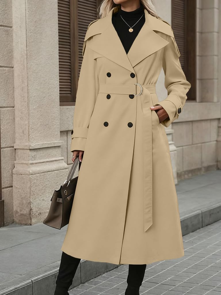 Muchpow Women's Long Trench Coat Double Breasted Lapel Oversized Windproof Overcoat with Belt(Beige,X-Small) - Image 2