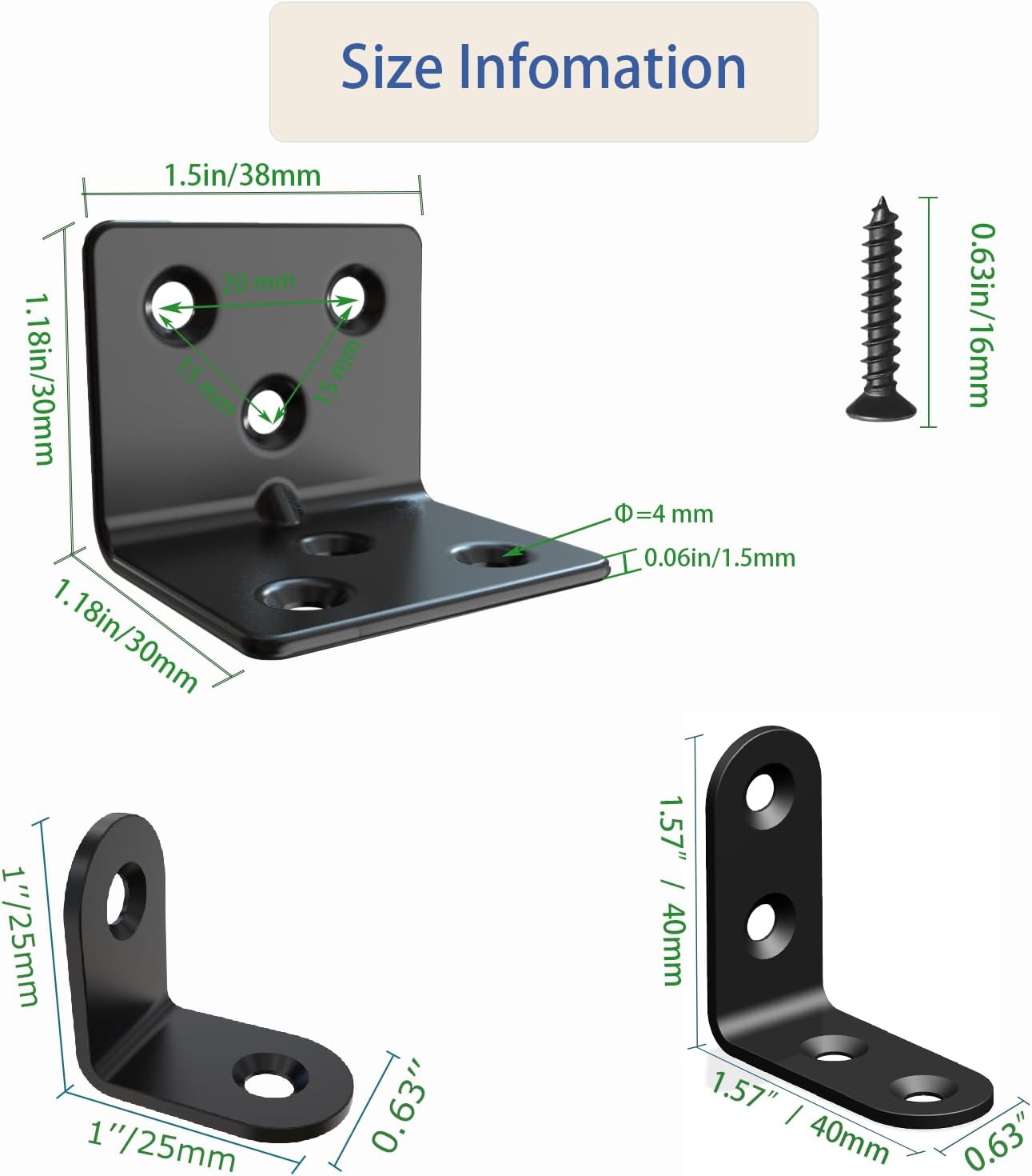 Black Stainless Steel Corner Brackets,Joint Right Angle Bracket,L Shape Heavy Duty Metal Corner Brace Shelf Supporter for Wood Aufuga (3mixed_Brackets, 30)