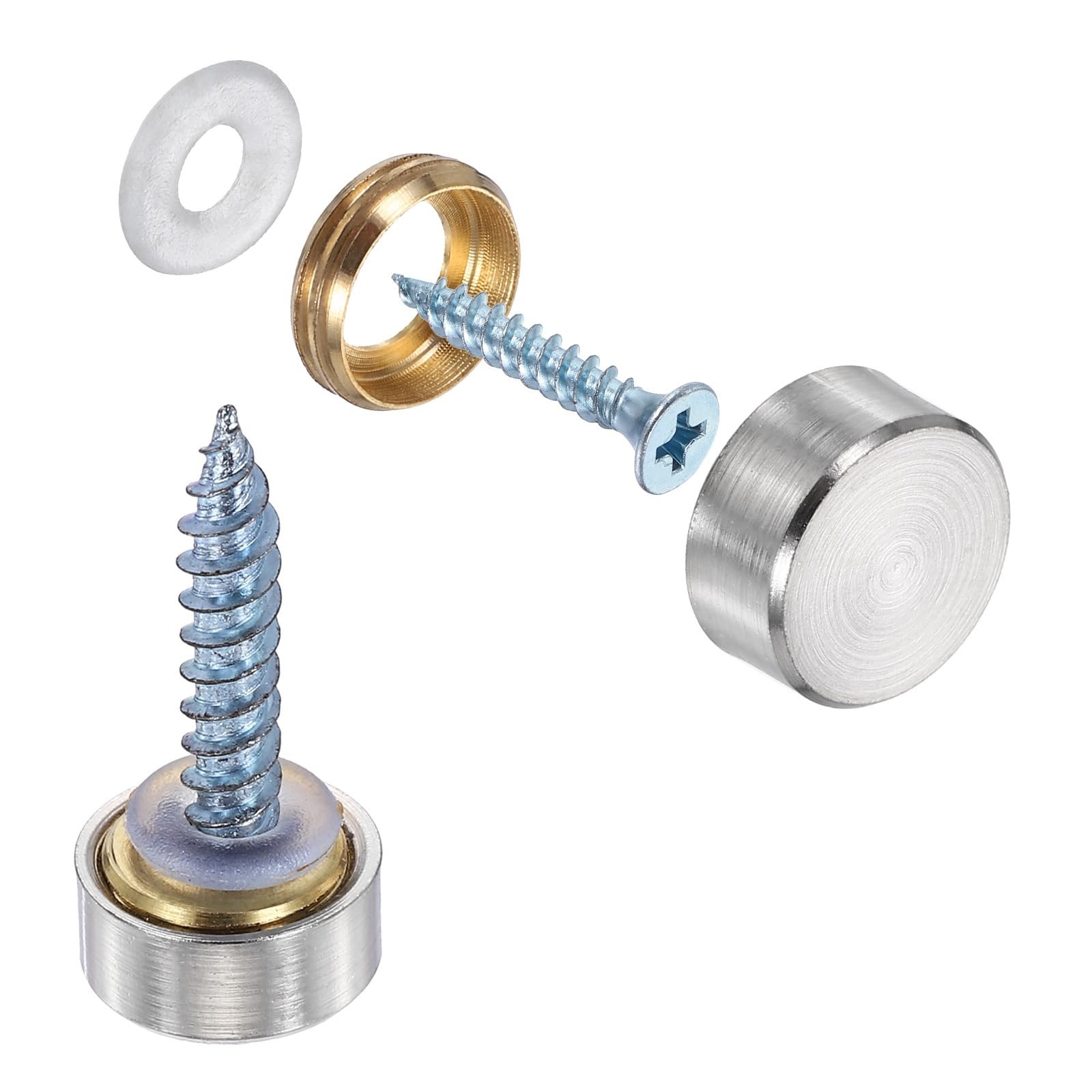 sourcing map 20Pcs Screw Covers Caps, Brass Flat Mirror Screws Decorative Caps Cover Nail Fasteners for Sign Advertising Hardware Construction, 12mm Diameter, Brushed Silver