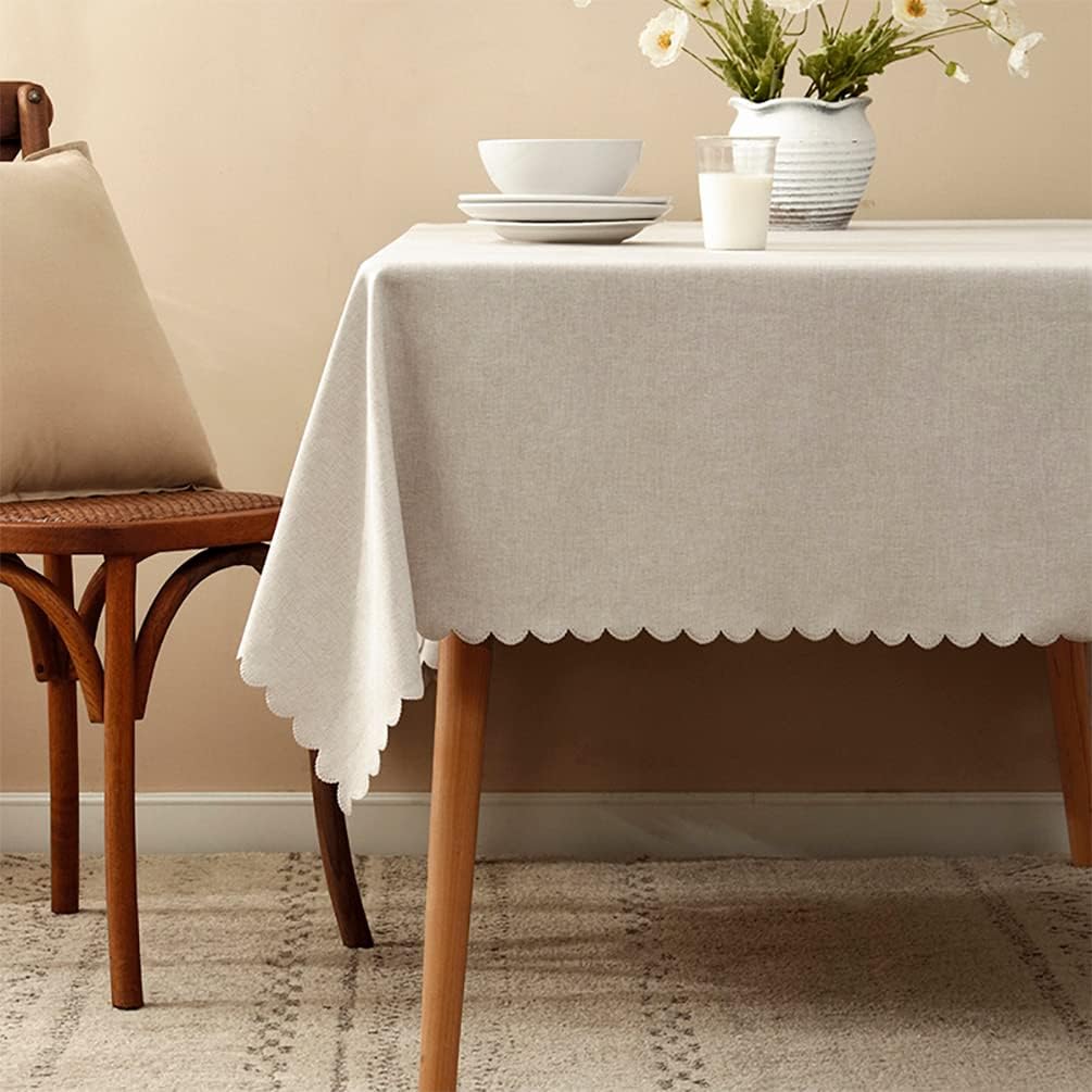 Fennco Styles Woven Solid Color Scalloped Tablecloth 56" W x 80" L - Beige Wrinkle-Free, Heat-Resistant Washable Table Cover for Everyday Use, Holidays, and Indoor Outdoor Events