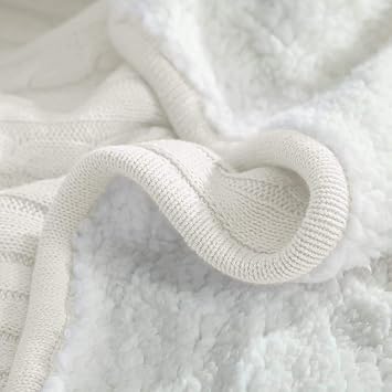 NTBAY Throw Cotton Cable Knit Sherpa Blanket, 51 x 67, White