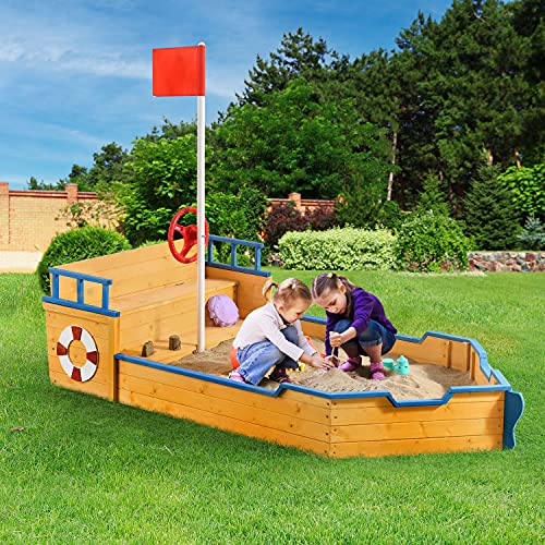 Juskys Sandkasten Käpt'n Pit - Piratenschiff Boot aus Holz - große Kinder Sandkiste für Garten mit Bodenplane, Dach & Sitzbank - Outdoor Sandbox – Bild 4