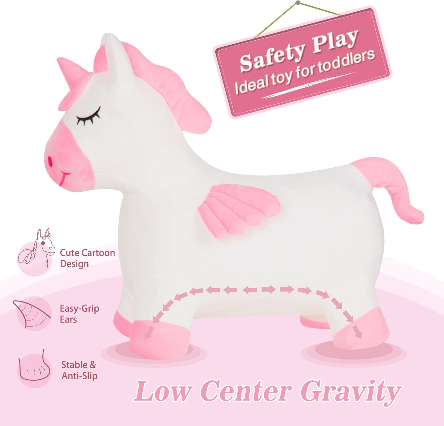 INPANY Unicorn Bouncy Horse Toys, Toddler Girl Bouncing Animal Hopper, Inflatable Plush Stuffed Animal, Baby Ride-on Rubber Bouncer, Indoor Outdoor Cute Birthday Gifts for 2 3 4 Year Old Girl Boy Kid