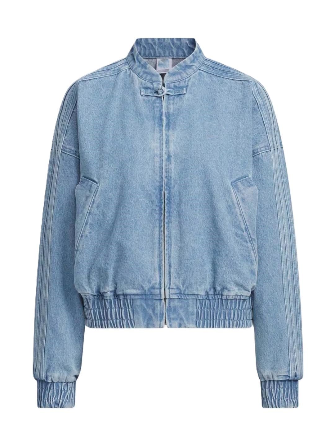 Vintage Washed Denim CNY Jacket – Chinese Knot Streetwear Oversized Unisex Jacket with Stripe Sleeves – Casual Zip-Up Track Jacket with Elastic Hem, Stand Collar & Pockets-image-25