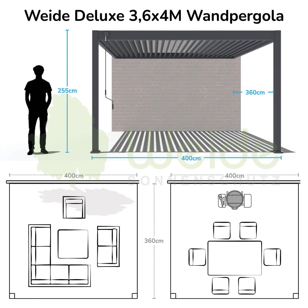 Weide Deluxe Alu Pergola für Terrasse & Garten mit Lamellendach & Kurbel 3.6 x 4 m Sand