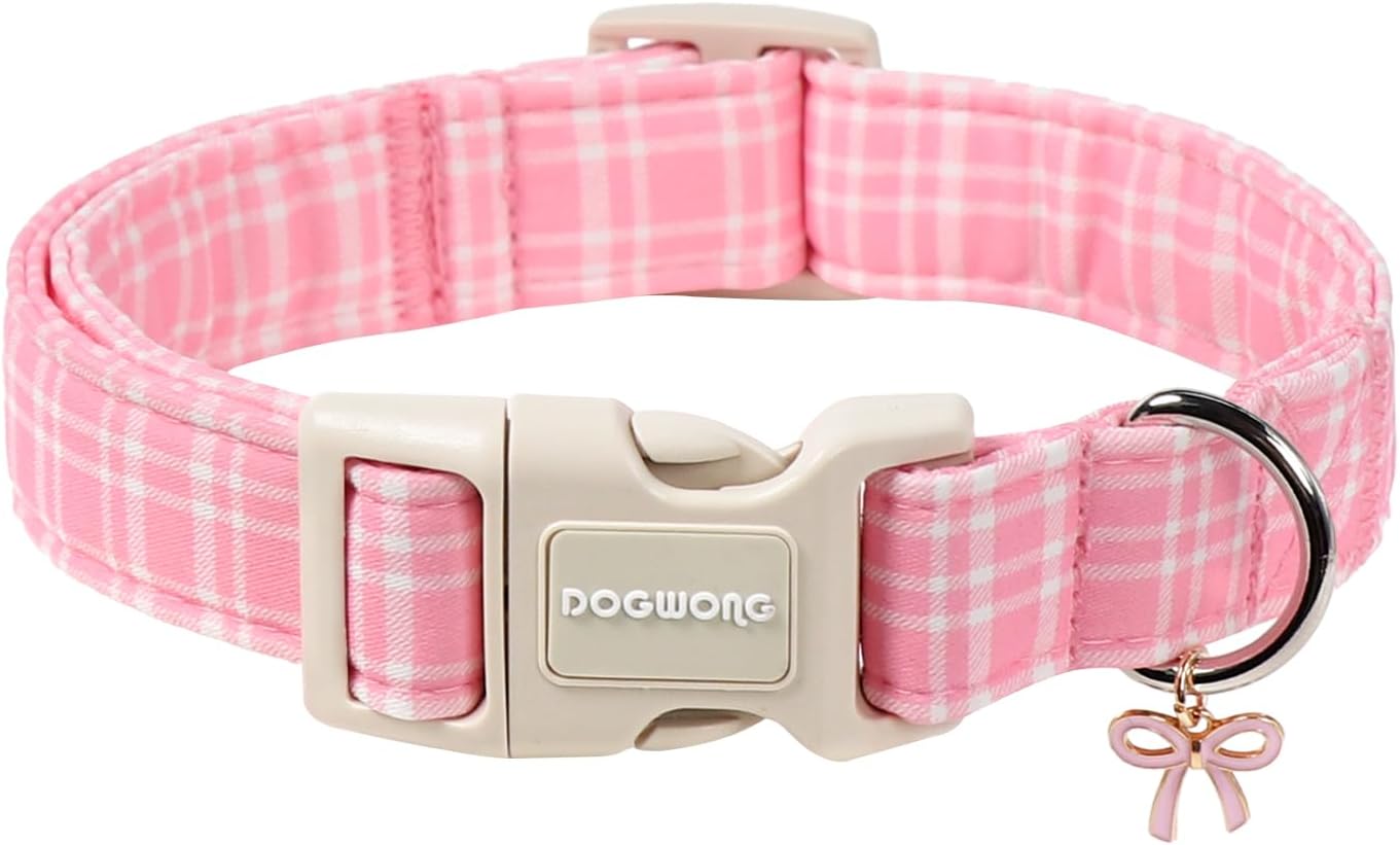 DOGWONG Pink Plaid Collar for Small Medium Large Dogs M