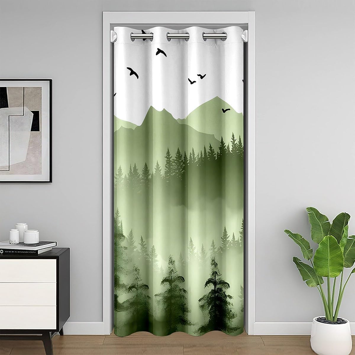 Mountain Door Curtain for Doorway Privacy, Wild Nature Tree Closet Door Cover Curtain for Bedroom Living Room, Green Natural Insulated Thermal Curtain, Room Divider Curtain Cover 34x80 Inch 1 Panel
