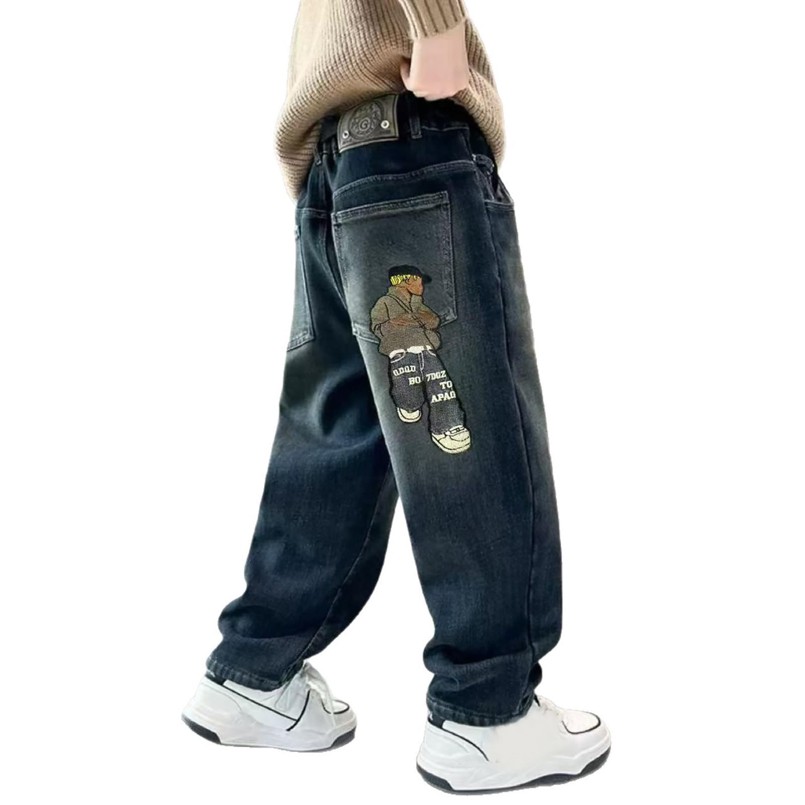 Generico Jeans Bambino 5-14 Anni Elasticizzati Larghi Pantaloni Jeans Denim Ragazzo con Elastico in Vita Gamba Dritta Morbidi Pantaloni Lavoro Cargo Loose Invernali Y2K Streetwear Tasche