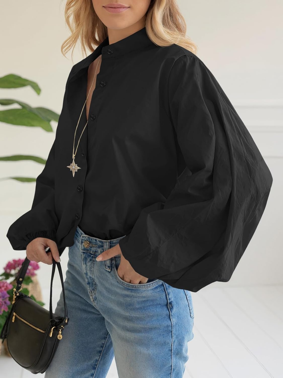 Tankaneo Womens Lantern Sleeve Button Down Shirts Oversized Mock Neck Blouse Trendy Casual Loose Fit Cotton Tops - Image 4