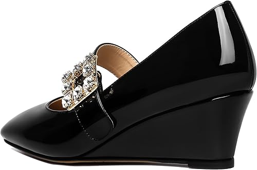 Vista 7 de NUMALEO Zapatos de tacón bajo con correa de tobillo con puntera cuadrada de patente sólida para mujer, con diamantes de imitación, de 2 pulgadas