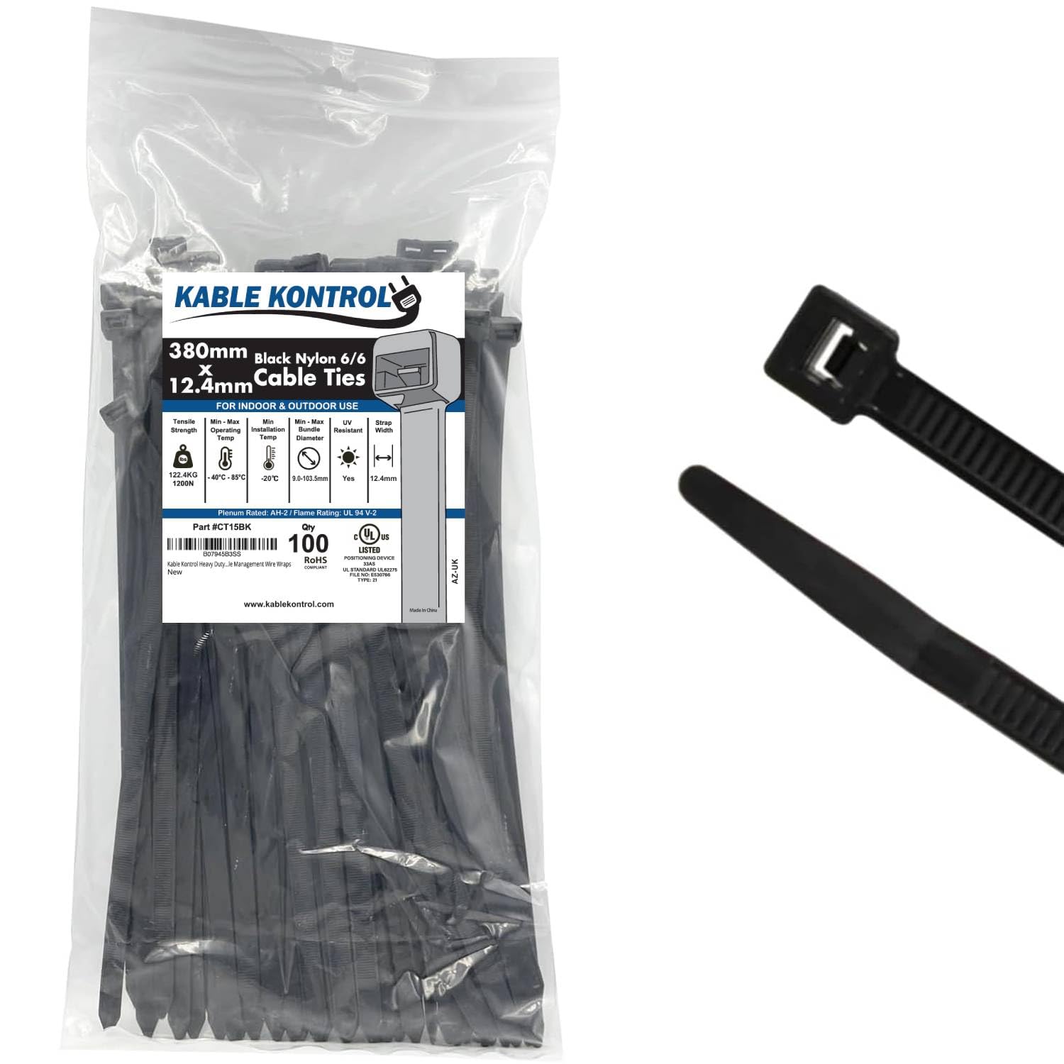 Kable Kontrol Black Cable Ties, 380 mm x 12.4 mm, Pack of 100, 15" Premium Nylon Zip Ties, Multi-Purpose Plastic Tie Wraps, Secure Self-Locking Mechanism, for Home, Garden, Office and DIY