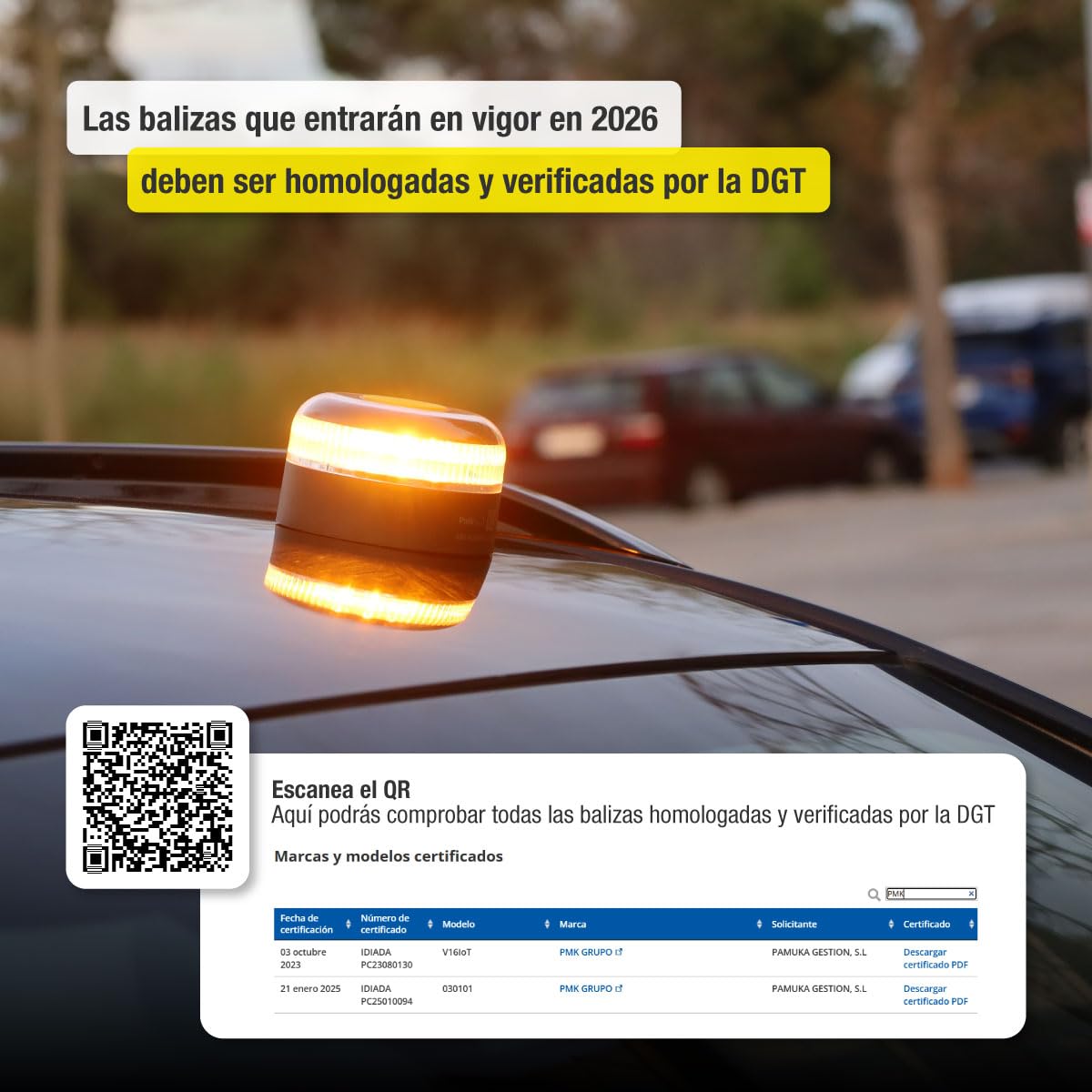 PMK GRUPO | Baliza V16 Conectada Homologada 2026 | Datos incluidos (hasta 12/2038) | Luz Emergencia LED 360º 1 km | Geolocalización GPS + SIM incluida | Conexión a DGT 3.0 | Sin App ni Suscripciones