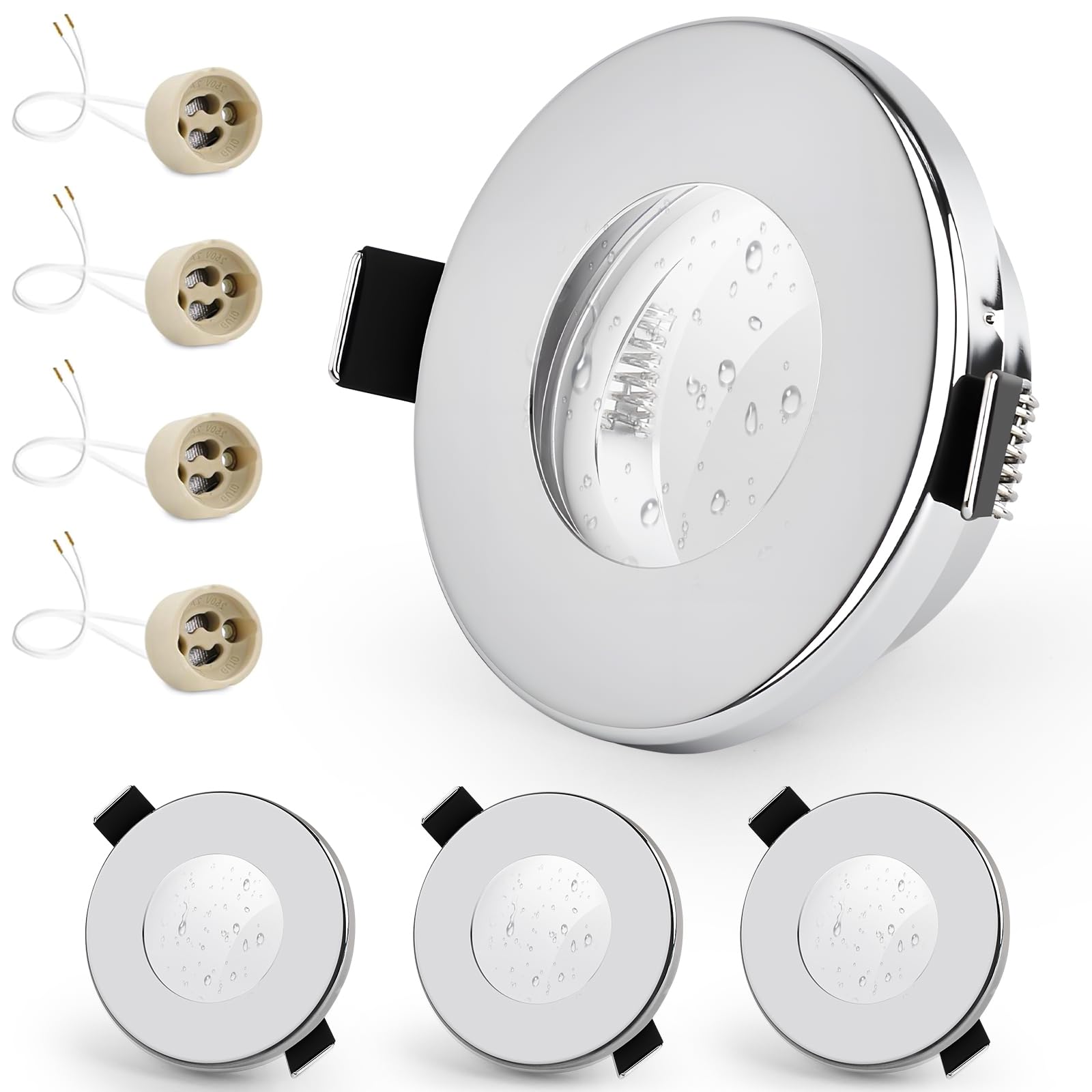 GeyouLux 4er set Einbaustrahler Rahmen IP65 inkl GU10 Fassung, LED Spot Eisen Gebürstetes Chrom Badezimmer Einbaurahmen Rund Flach Einbauspots Spots 68mm lochmass für Aussen- Innen