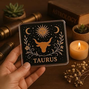 Mystical Acrylic Coaster Gift - Boho Celestial Taurus Design with Zodiac Symbols and Constellations