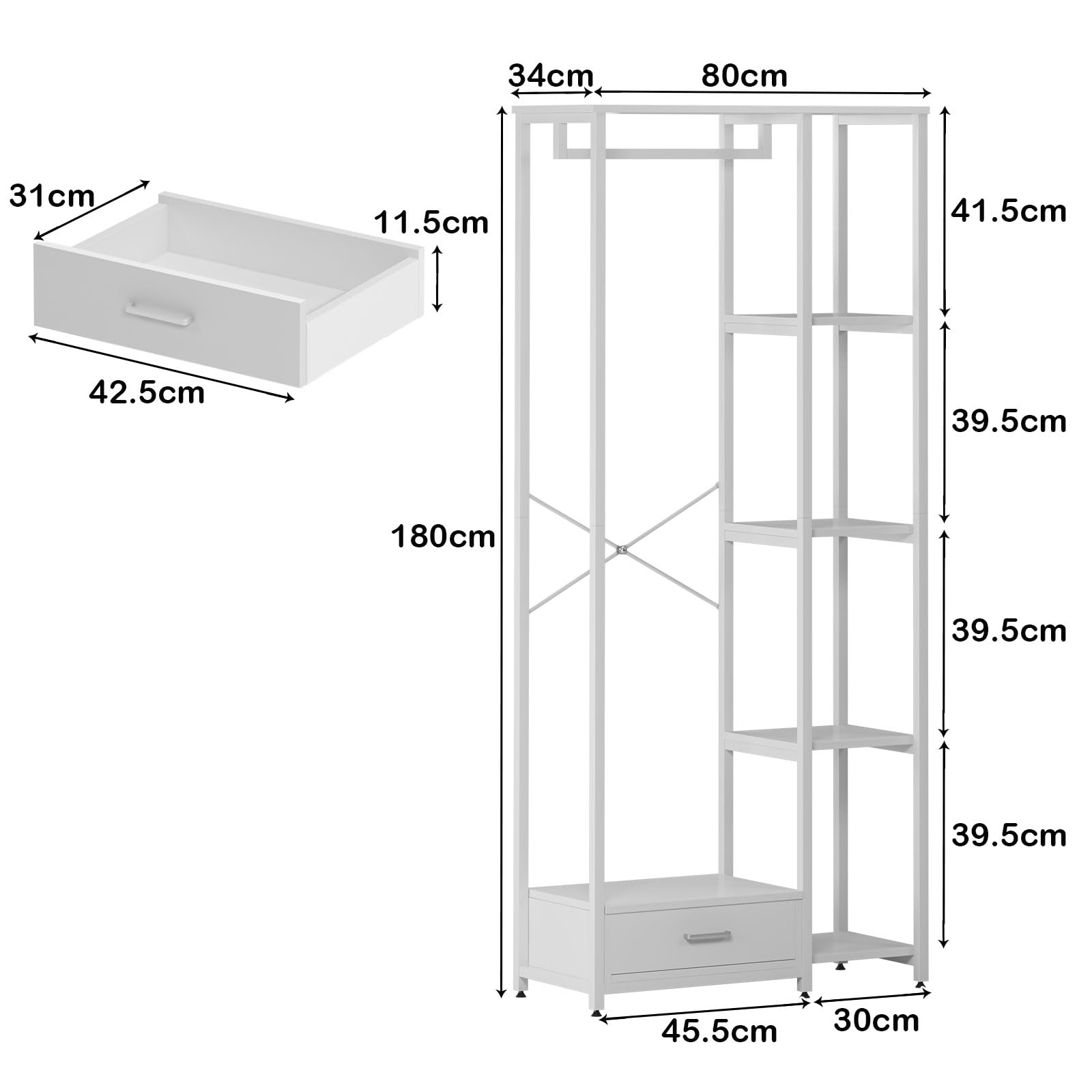 sogesfurniture - Appendiabiti in legno e metallo con 4 ripiani portaoggetti, cassetto portaoggetti inferiore, salvaspazio per camera da letto, ingresso, ufficio, bianco
