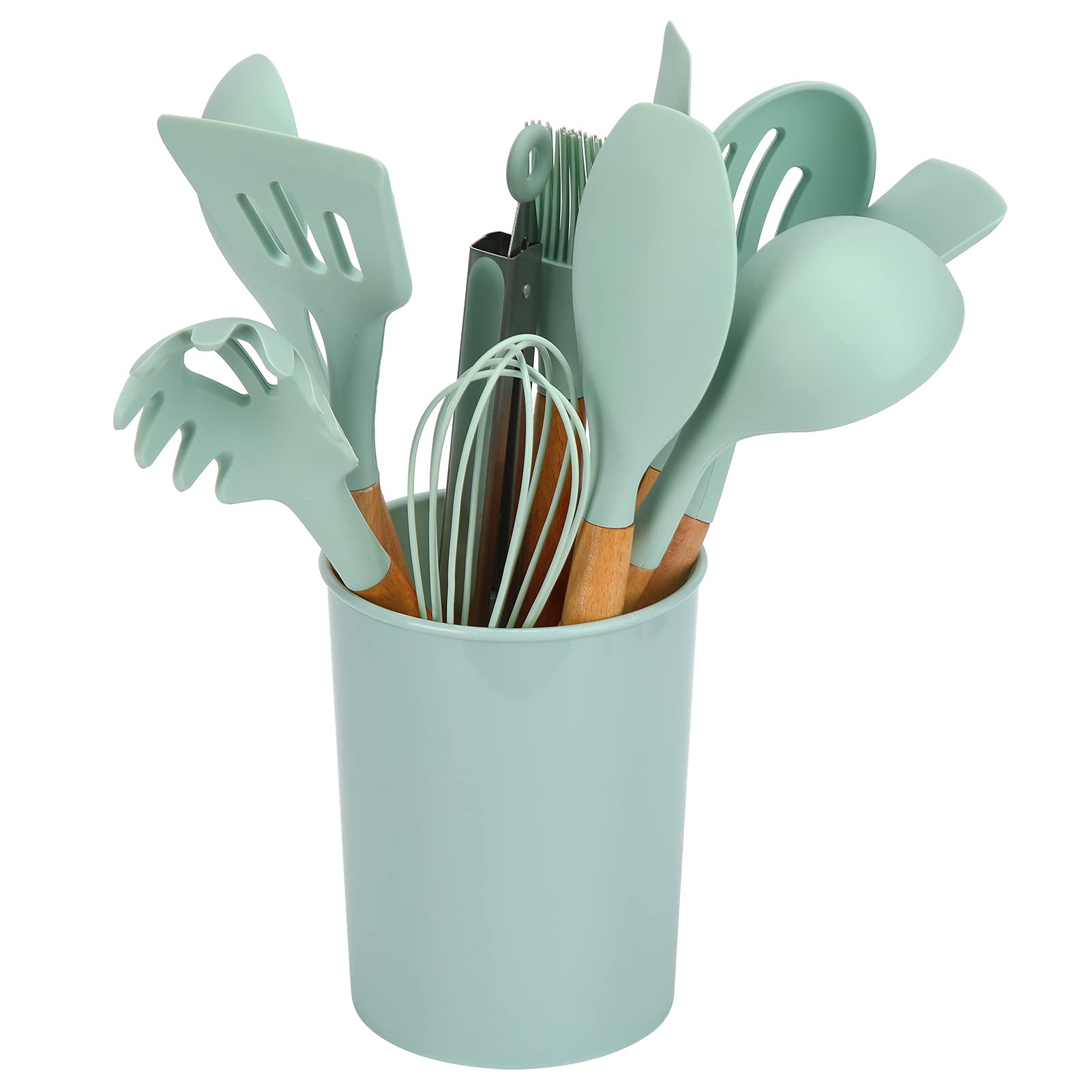 Set di Utensili da in Silicone da 12 Pezzi con Manici in Legno per Utensili da Nella di Casa (Verde chiaro)