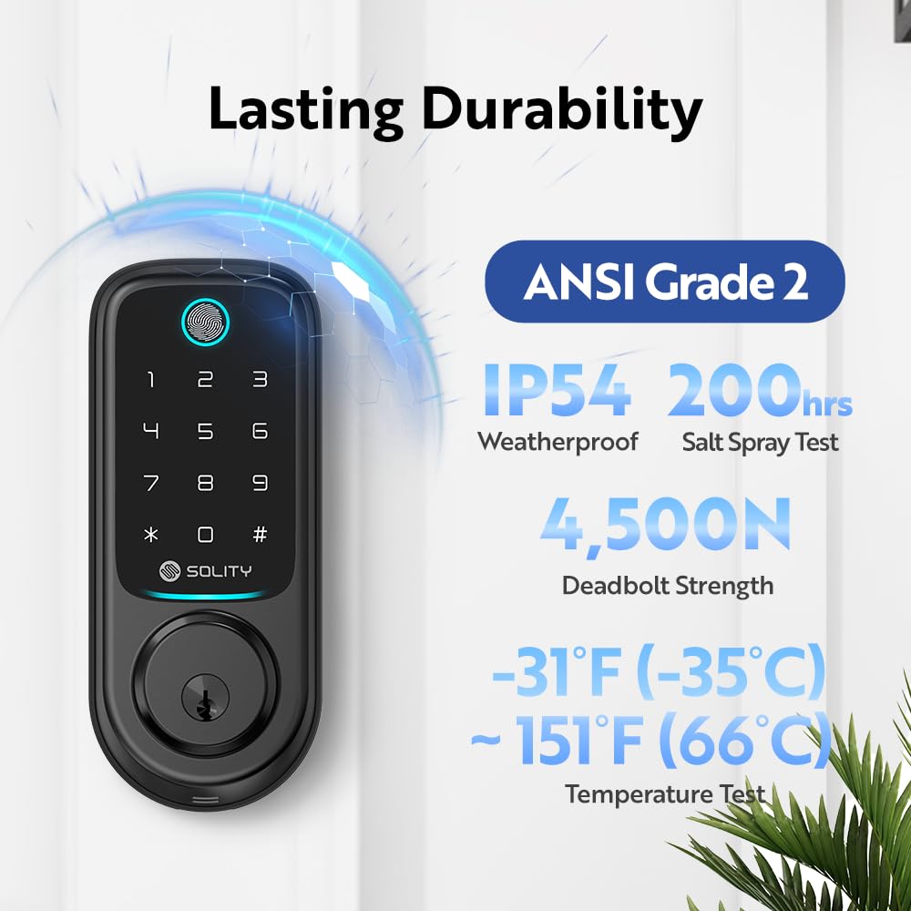 Solity Cerradura digital inteligente No-Hub, entrada sin llave 5 en 1, huella dactilar, Wi-Fi, control remoto, teclado de pantalla táctil, bloqueo automático, impermeable IP54 (negro mate, biométrico)