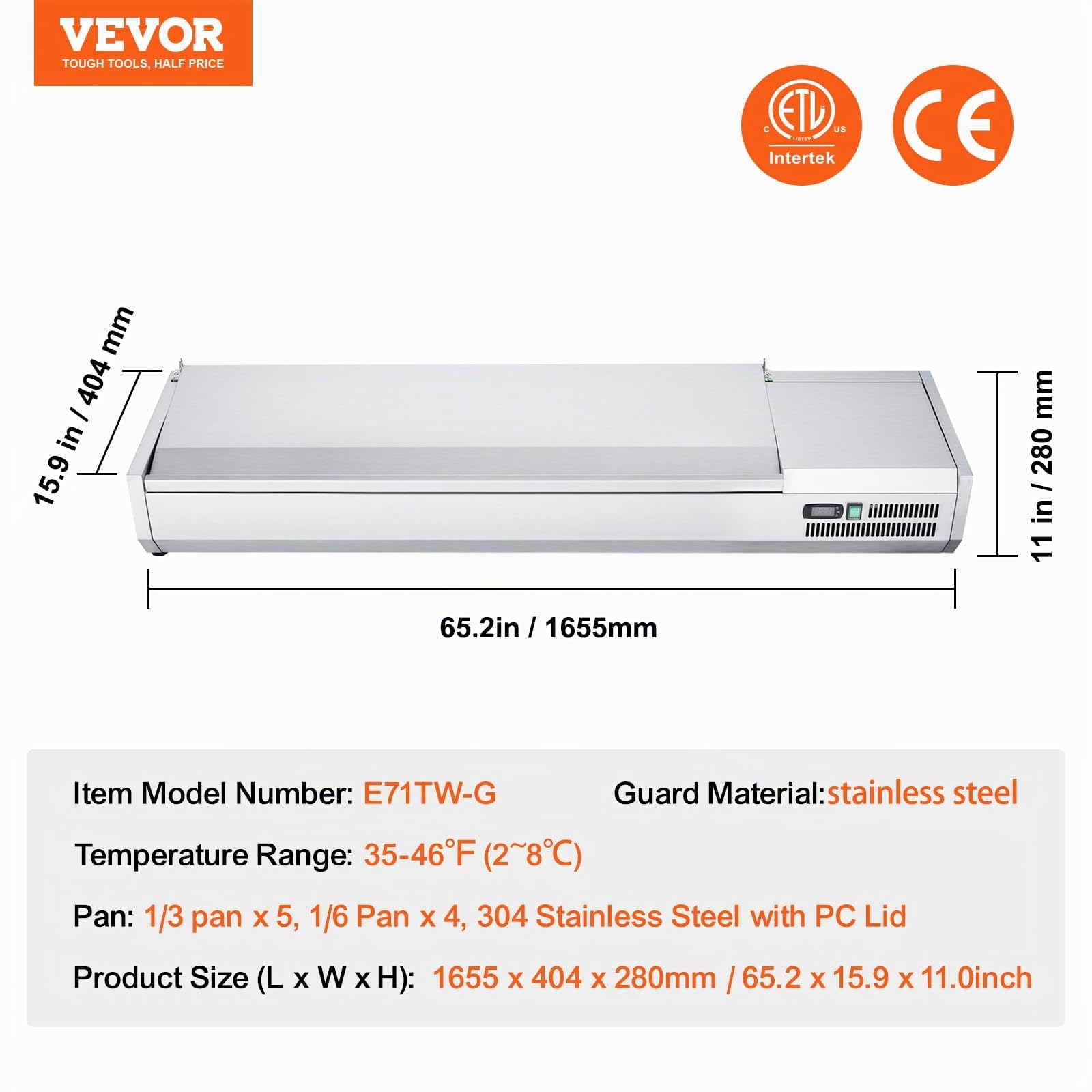 VEVOR Saladette Réfrigérée à Poser 165 W, Vitrine Réfrigérée pour Pizzeria, avec 5 1/3 Casserole et 4 1/6 Casseroles, Corps en Inox 304, Couvercle en PC, Protection en Inox, pour Ingrédients Cuisine