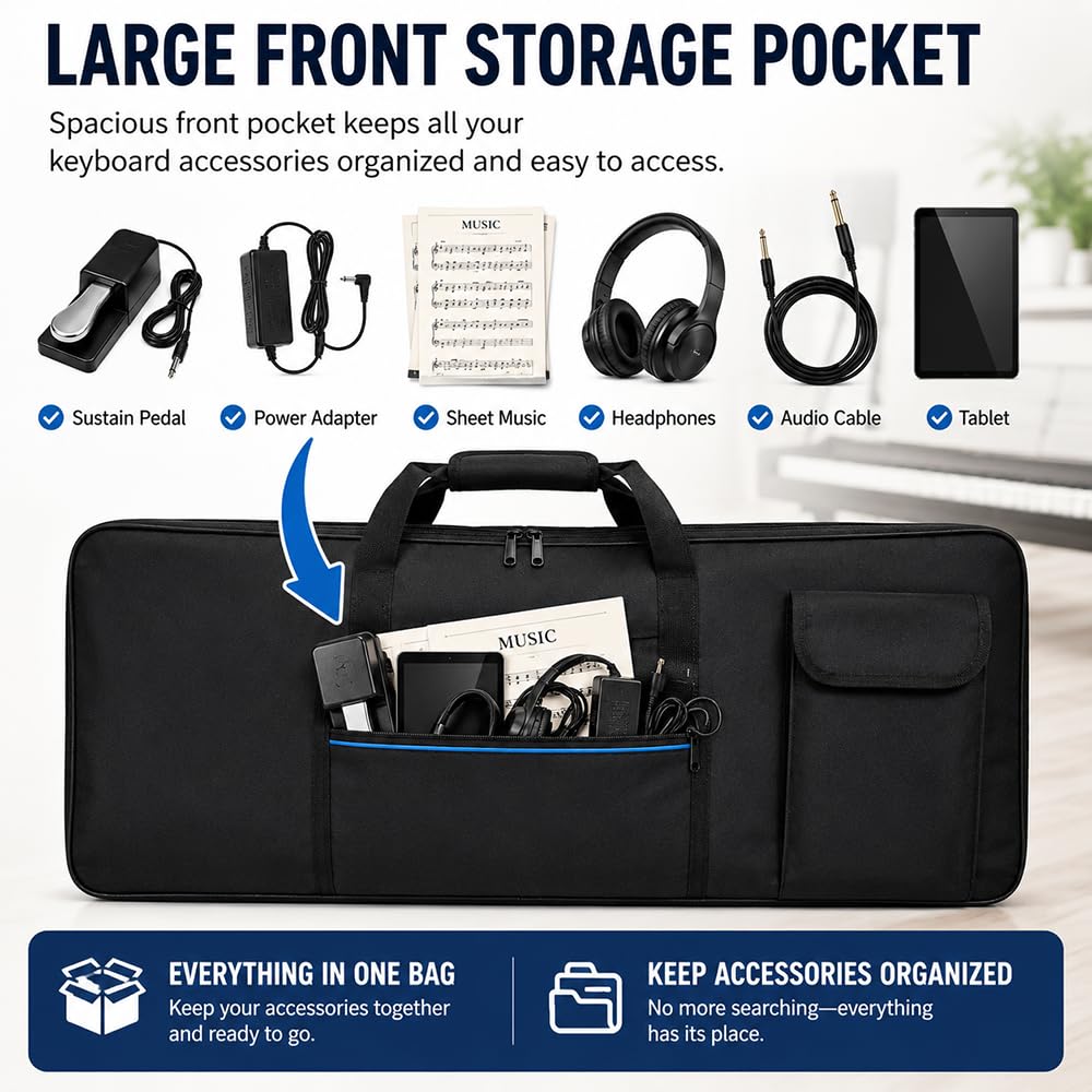 61 Key Keyboard Carrying Case, Padded Electronic Keyboard Bag with Large Storage Pocket, Portable Digital Piano Gig Bag with Shoulder Strap and Handle