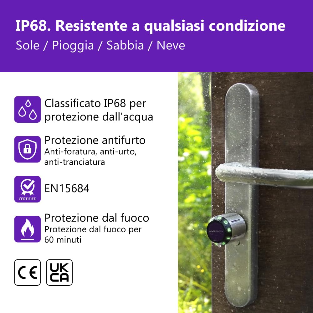 Cilindro smart europeo WAFERLOCK C760, IP68 impermeabile, resistente al fuoco, app, RFID/PIN, anti-trapano, 35/35–50 mm (70–85 mm), finitura nichel, EN15684