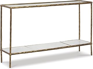 Signature Design by Ashley Ryandale Console Sofa Table, Glass Tabletop, White Marble Lower Shelf, Sand Casted Aluminum, 52" W x 12.5" D x 32.75" H, Antique Brass Finish