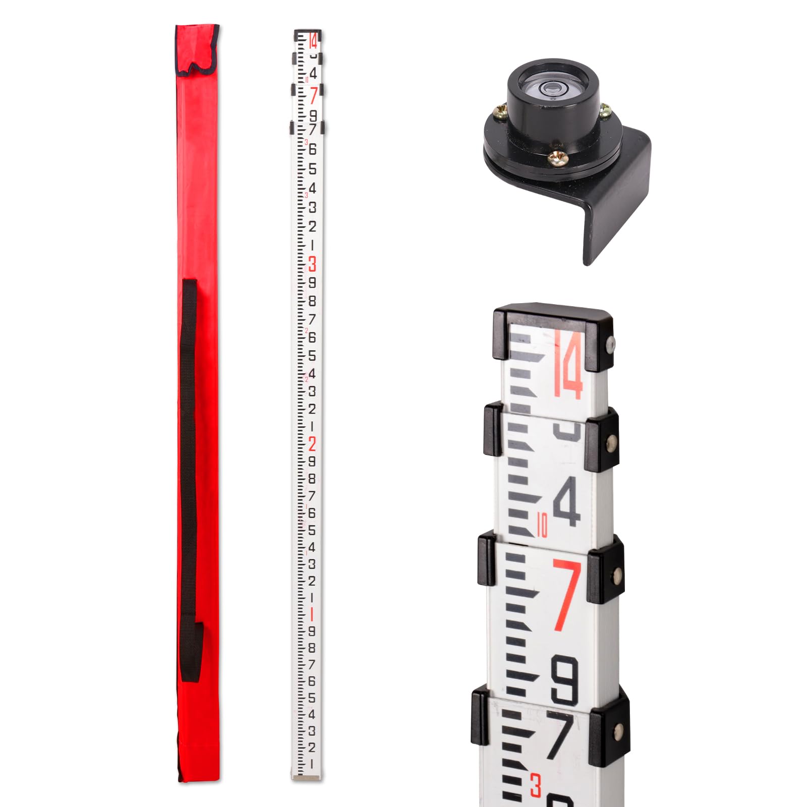 14 foot Aluminum Grade Rod - 10ths, 3 Sections Dual Sided Telescoping Leveling Rod with Bubble Level Convenient Aluminum Staff for Precise Measurement