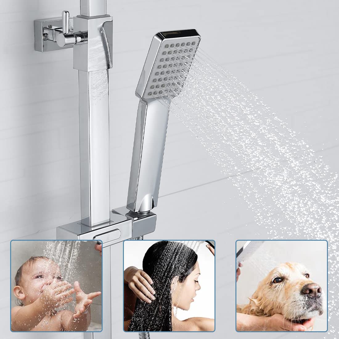 Thermostatic Mixer Shower Set, NewEast Square Chrome Bathroom Thermostat Shower System With Adjustable 8" Overhead Rainfall Shower Head And Handheld Shower