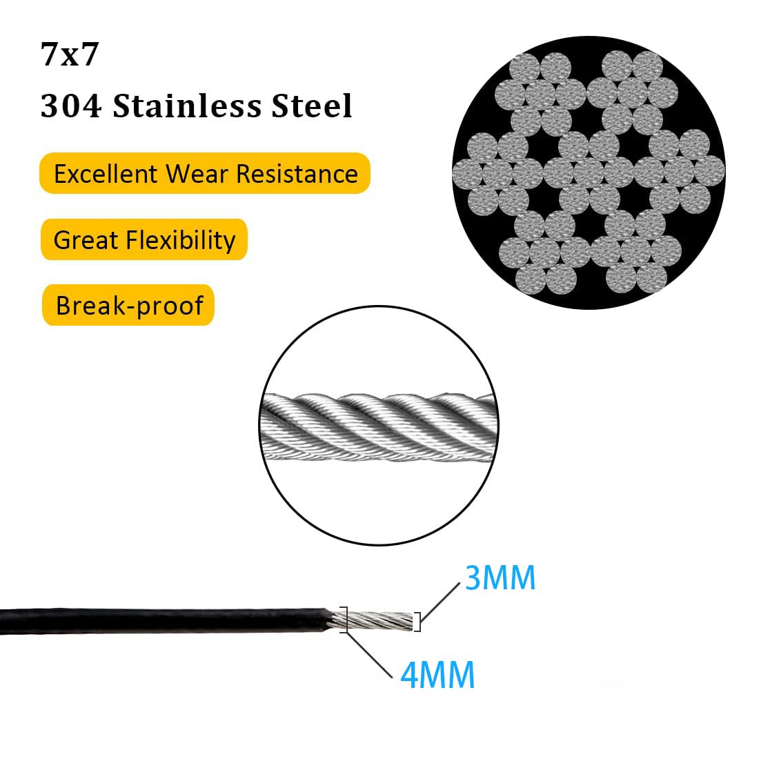 4mm Drahtseil Ummantelt,100m Edelstahl Stahlseil, mit PVC Beschichtung, 100 Crimphülsen für Bilder Outdoor Zaun Gardinen, Zaun, Wäscheleine,Schwarz