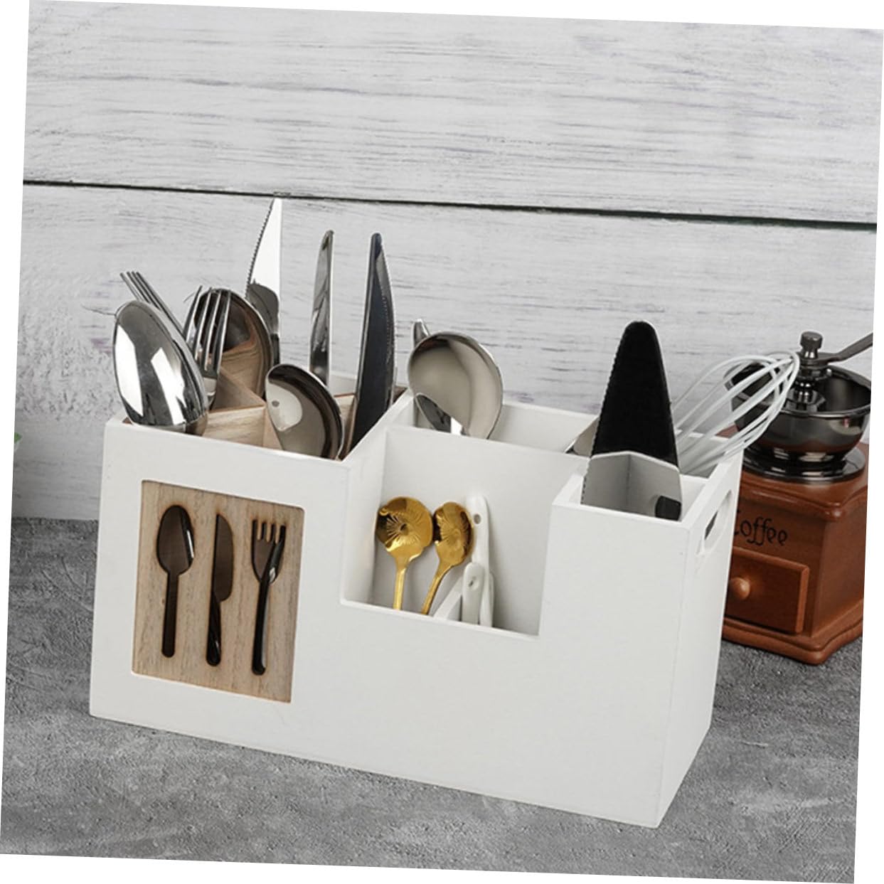 Healifty Porta Utensilios y Organizador De Cubiertos De Madera 28x12x15 Cm, Sin Tapa, Estante Múltiples Compartimentos Para Cocina y Hogar, Diseño Compacto Para Uso Diario