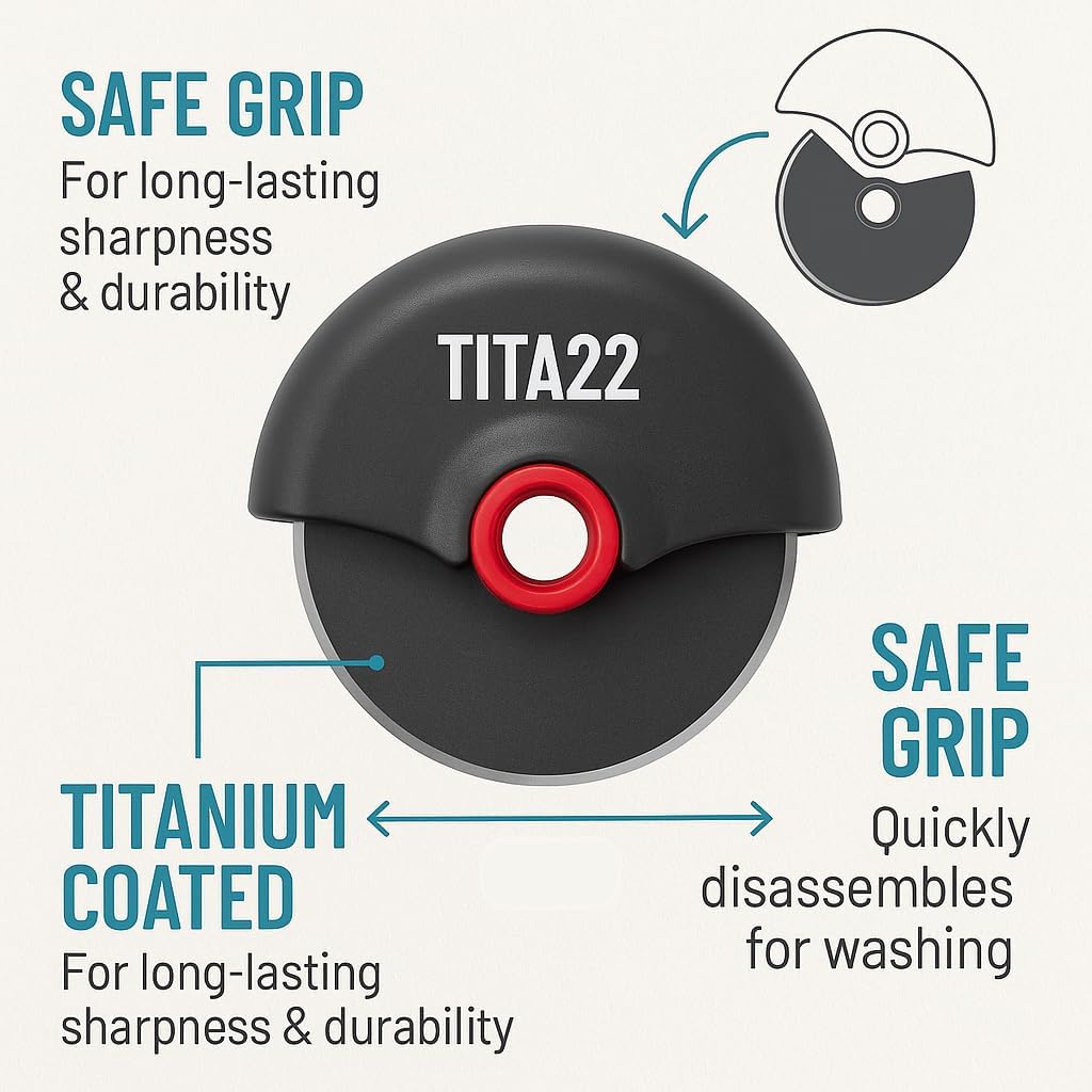 TITA22™ Titanium Coated Pizza Cutter Wheel – Ultra Sharp & Durable, Rust Resistant, Ergonomic Safe Grip Handle, Dishwasher Safe, Detachable Blade for Easy Cleaning – Professional Pizza Slicer