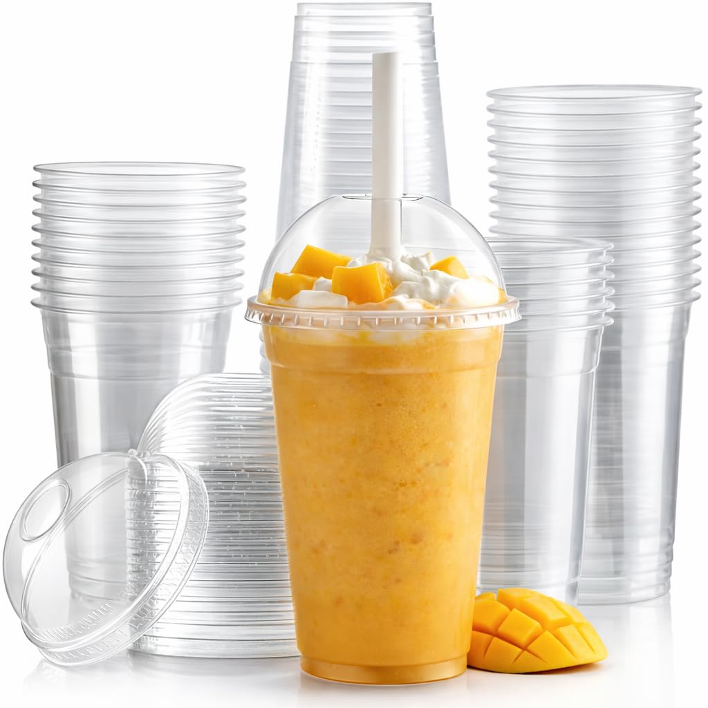 Przezroczyste kubki z pokrywką kopułkową - zestaw 10, 20, 50, 100, 200, 800 - do koktajli mlecznych, smoothie, herbata bąbelkowa, desery, 355 ml, 473 ml, 592 ml (200, 473 ml)