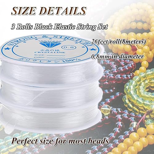 Miniatura 4 de Cuerda elástica para hacer joyas transparentenegro, 3 rollos de 0.031 in, cuerda elástica para cuentas de semillas, cuentas de poni, rollo (0.031