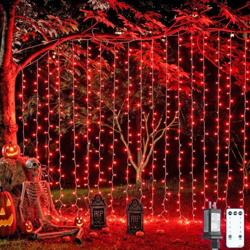 Image of JMEXSUSS 300LED Red Curtain Lights for Halloween Christmas Decor, 9.8x9.8ft | Plug in, with Remote, Twinkle Hanging String Lights for Bedroom Window Valentine's Day Wedding Proposal Party Holiday Decor