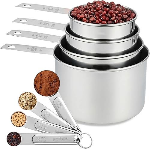 Juego de tazas y cucharas medidoras de acero inoxidable, 8 herramientas esenciales de cocina, utensilios de cocina de medición con buenos agarres