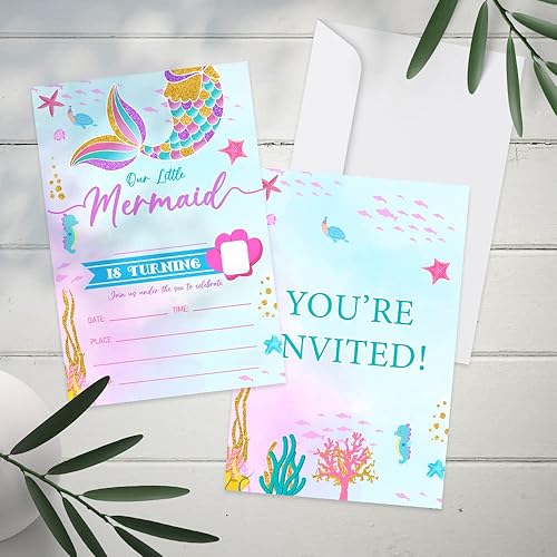 Miniatura 4 de Tuyashua Invitaciones para fiesta de cumpleaños de sirena, invitaciones de sirena bajo el mar, suministros de fiesta de sirena para niños y niñas,