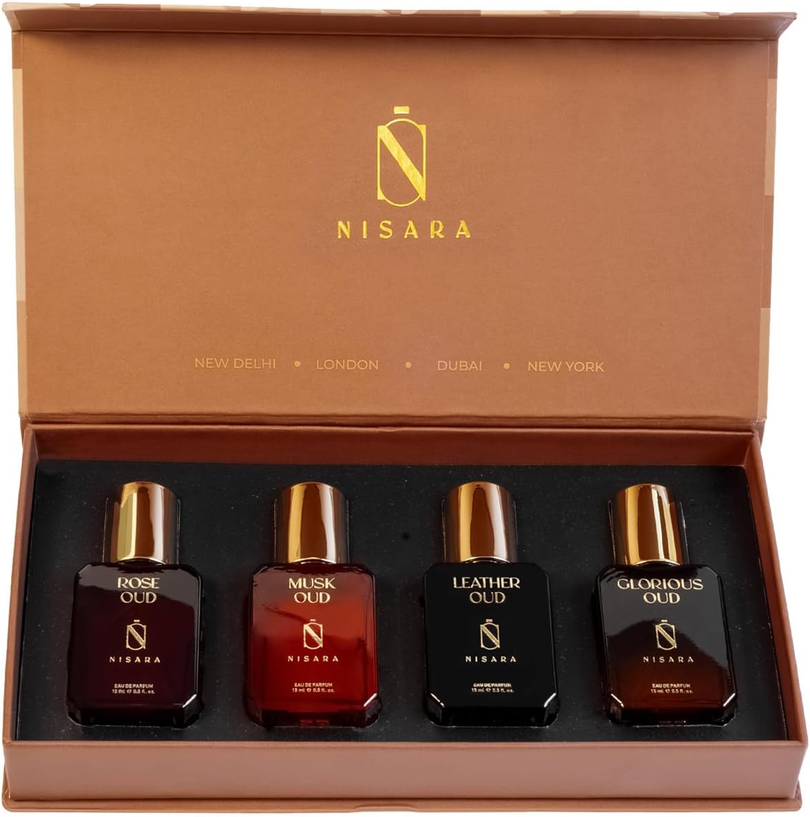 Nisara Long-Lasting Unisex Oud Gift Set 4x15ml(60ml) | Notes:- Rose, Musk, Leather, Woody Oud | Travel & Pocket-Friendly Perfume Kit for All Moods & Occasions | Perfect for Men, Him, Her Woman, Wife, Friend, Girlfriend, and Boyfriend
