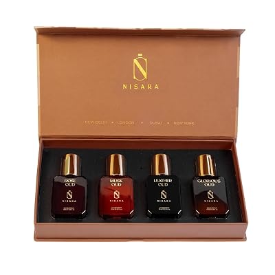Nisara Long-Lasting Unisex Oud Gift Set 4x15ml(60ml) | Notes:- Rose, Musk, Leather, Woody Oud | Travel & Pocket-Friendly